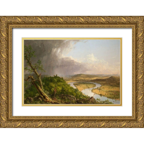 View from Mount Holyoke, Northampton, Massachusetts, after a Thunderstorm—The Oxbow Gold Ornate Wood Framed Art Print with Double Matting by Cole, Thomas