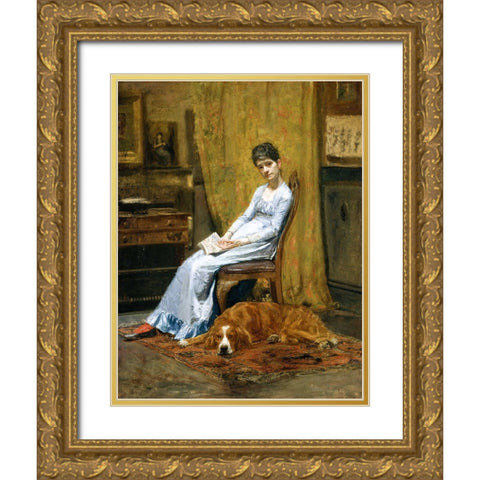 The Artists Wife and His Setter Dog Gold Ornate Wood Framed Art Print with Double Matting by Eakins, Thomas