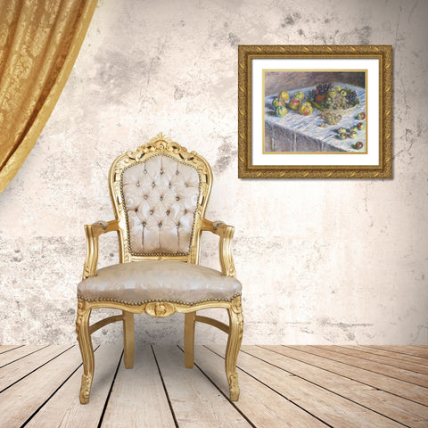 Apples and Grapes Gold Ornate Wood Framed Art Print with Double Matting by Monet, Claude
