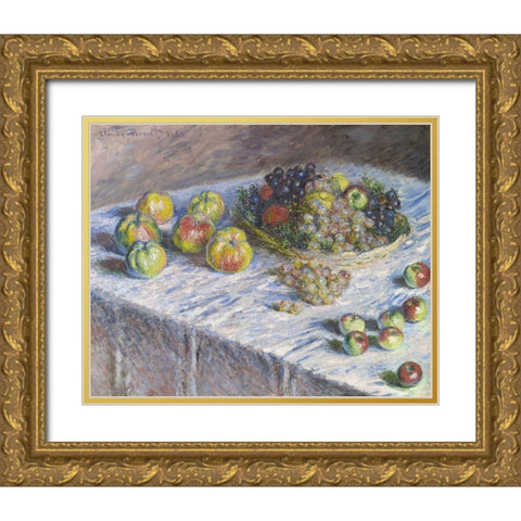 Apples and Grapes Gold Ornate Wood Framed Art Print with Double Matting by Monet, Claude