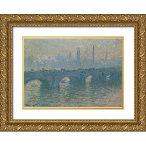 Waterloo Bridge, Gray Weather Gold Ornate Wood Framed Art Print with Double Matting by Monet, Claude