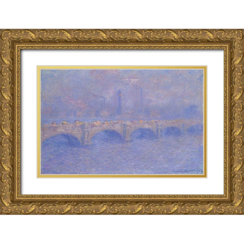 Waterloo Bridge, Sunlight Effect Gold Ornate Wood Framed Art Print with Double Matting by Monet, Claude