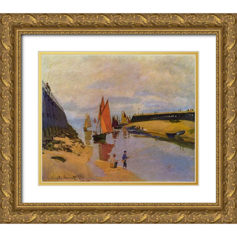 Port of Trouville Gold Ornate Wood Framed Art Print with Double Matting by Monet, Claude