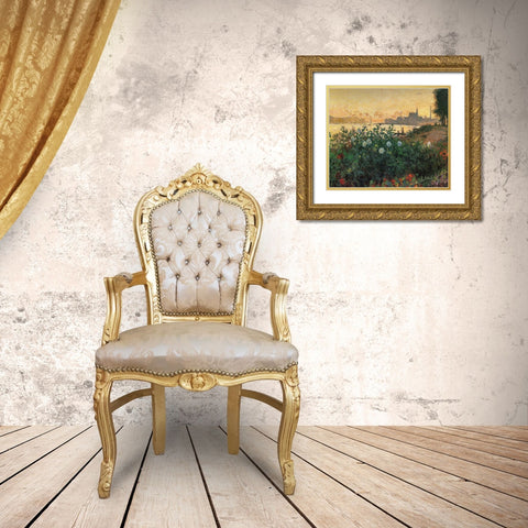 Flowered Riverbank, Argenteuil Gold Ornate Wood Framed Art Print with Double Matting by Monet, Claude