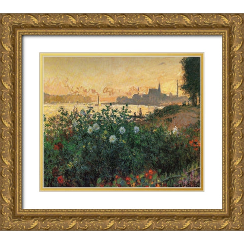 Flowered Riverbank, Argenteuil Gold Ornate Wood Framed Art Print with Double Matting by Monet, Claude