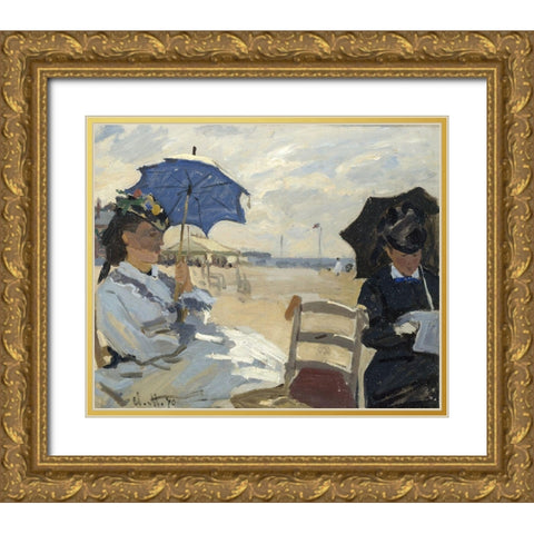 At the beach of Trouville Gold Ornate Wood Framed Art Print with Double Matting by Monet, Claude