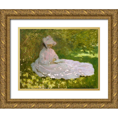 Springtime Gold Ornate Wood Framed Art Print with Double Matting by Monet, Claude