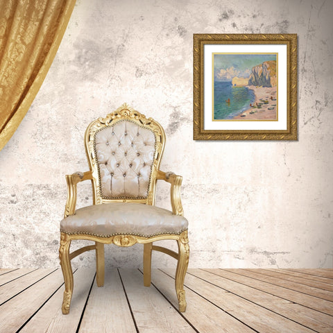 The Beach and the Falaise d Amont Gold Ornate Wood Framed Art Print with Double Matting by Monet, Claude