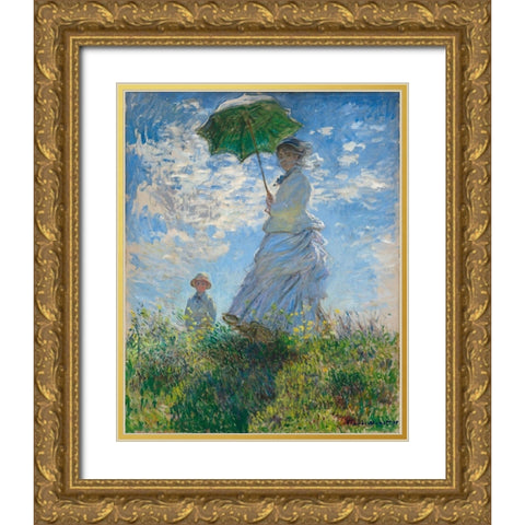 Woman with a Parasol - Madame Monet and Her Son Gold Ornate Wood Framed Art Print with Double Matting by Monet, Claude