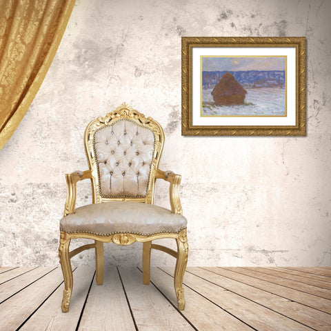 Stack of Wheat (Snow Effect, Overcast Day) Gold Ornate Wood Framed Art Print with Double Matting by Monet, Claude