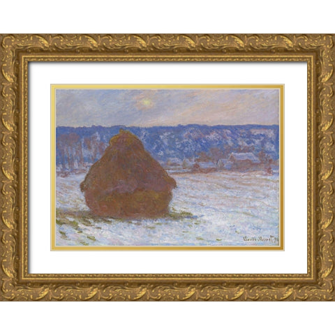 Stack of Wheat (Snow Effect, Overcast Day) Gold Ornate Wood Framed Art Print with Double Matting by Monet, Claude