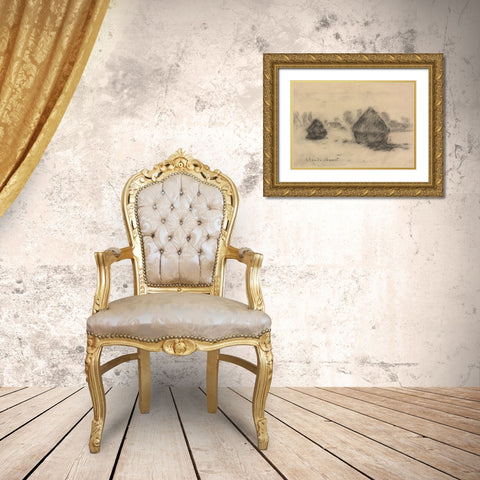 Stacks of Wheat Gold Ornate Wood Framed Art Print with Double Matting by Monet, Claude