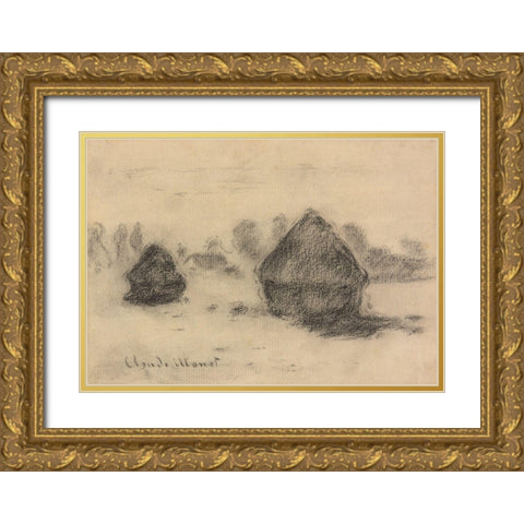 Stacks of Wheat Gold Ornate Wood Framed Art Print with Double Matting by Monet, Claude