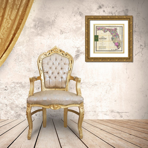 New Map of The State of Florida, 1870 Gold Ornate Wood Framed Art Print with Double Matting by Drew, Columbus