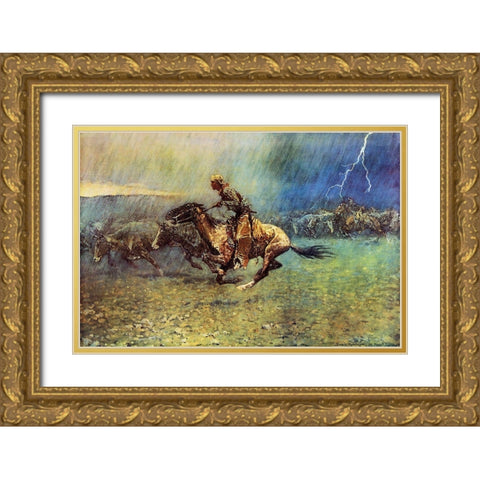 The Stampede Gold Ornate Wood Framed Art Print with Double Matting by Remington, Frederic
