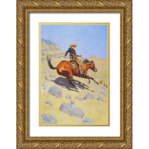 The Cowboy Gold Ornate Wood Framed Art Print with Double Matting by Remington, Frederic