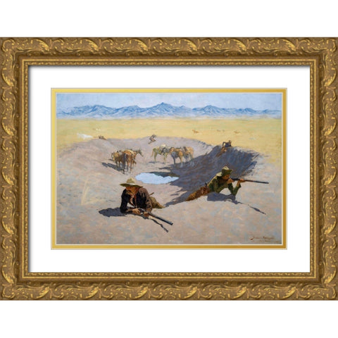 Fight for the Water Hole Gold Ornate Wood Framed Art Print with Double Matting by Remington, Frederic