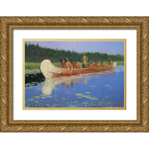 Radisson and Groseilliers Gold Ornate Wood Framed Art Print with Double Matting by Remington, Frederic