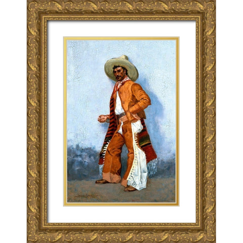 A Vaquero Blue Gold Ornate Wood Framed Art Print with Double Matting by Remington, Frederic