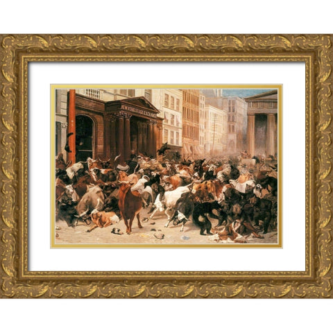 Bulls and Bears in the Market Gold Ornate Wood Framed Art Print with Double Matting by Beard, William Holbrook