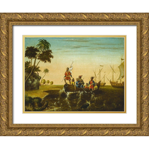 The Landing of Columbus Gold Ornate Wood Framed Art Print with Double Matting by Hicks, Edward