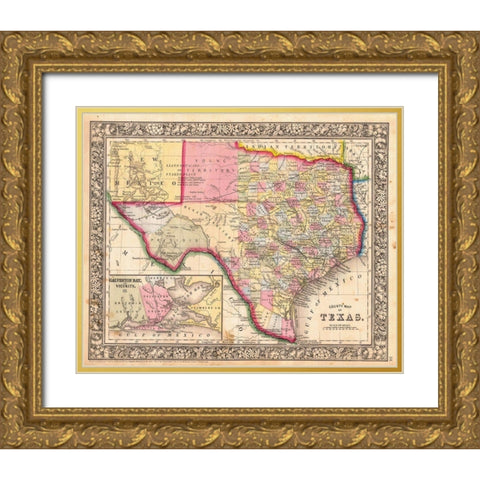 County Map Of Texas, 1864 Gold Ornate Wood Framed Art Print with Double Matting by Mitchell, Samuel Augustus