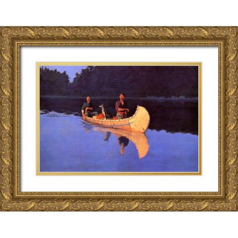 Evening On A Canadian Lake-Two men and a dog in a canoe Gold Ornate Wood Framed Art Print with Double Matting by Remington, Frederic