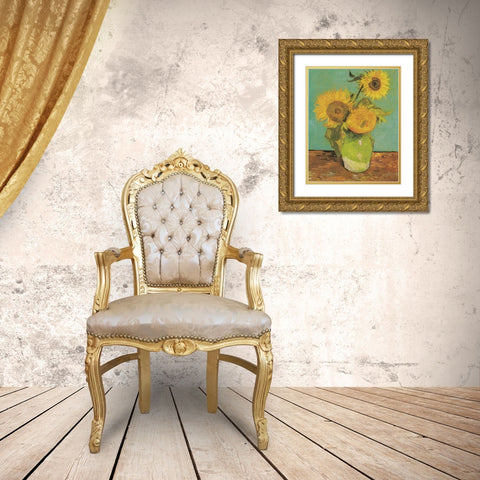 Vase With Three Sunflowers Gold Ornate Wood Framed Art Print with Double Matting by Van Gogh, Vincent