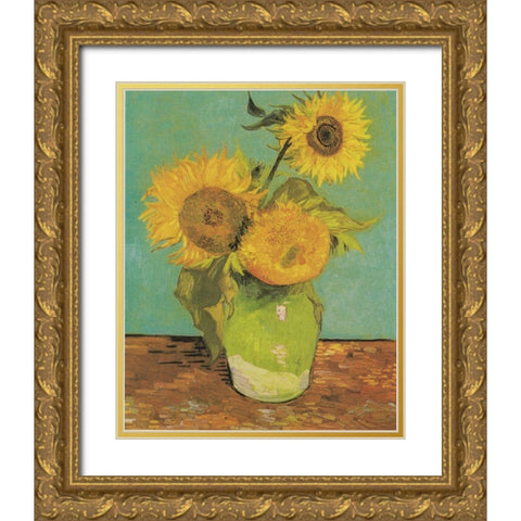 Vase With Three Sunflowers Gold Ornate Wood Framed Art Print with Double Matting by Van Gogh, Vincent