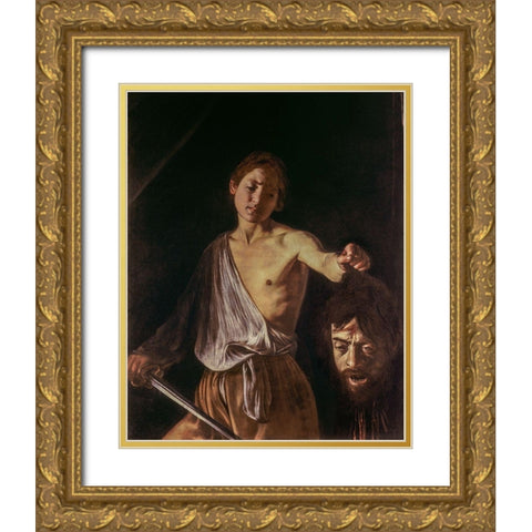 David With The Head of Goliath Gold Ornate Wood Framed Art Print with Double Matting by Caravaggio