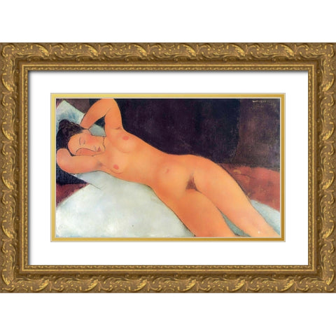 Eyes Closed Reclining Nude Gold Ornate Wood Framed Art Print with Double Matting by Modigliani, Amedeo