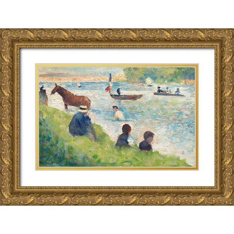 Horse and Boats Gold Ornate Wood Framed Art Print with Double Matting by Seurat, Georges
