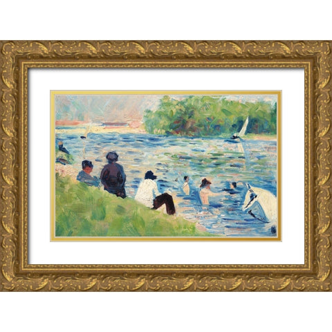 Bathers Gold Ornate Wood Framed Art Print with Double Matting by Seurat, Georges