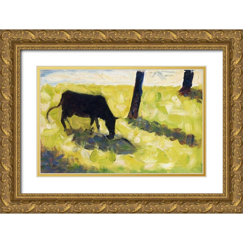 Black Cow in a Meadow  Gold Ornate Wood Framed Art Print with Double Matting by Seurat, Georges