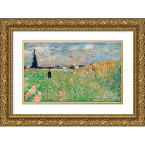 A Summer Landscape Gold Ornate Wood Framed Art Print with Double Matting by Seurat, Georges