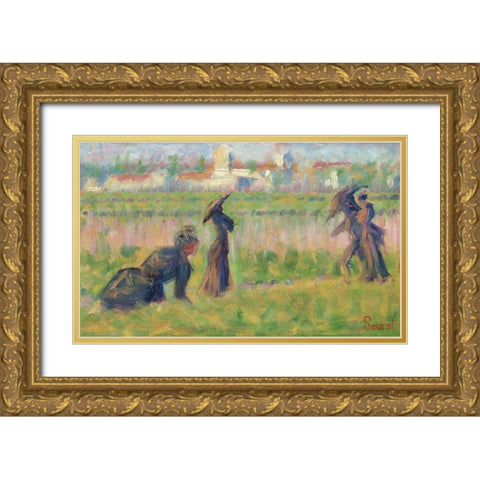 Figures in a Landscape Gold Ornate Wood Framed Art Print with Double Matting by Seurat, Georges