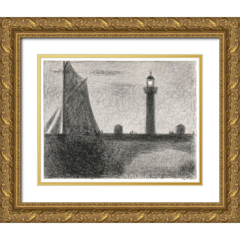 The Lighthouse at Honfleur Gold Ornate Wood Framed Art Print with Double Matting by Seurat, Georges