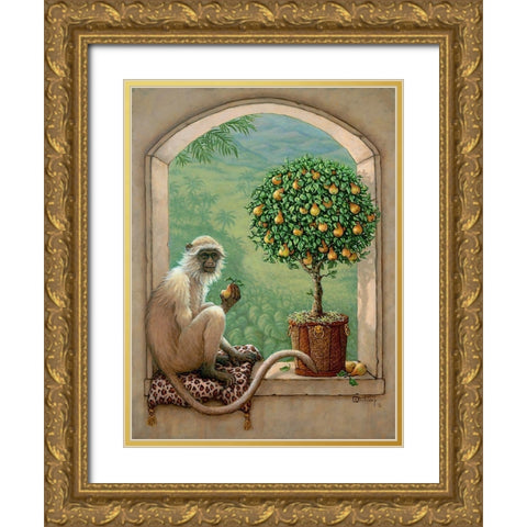 Monkey and Pear Tree Gold Ornate Wood Framed Art Print with Double Matting by Kruskamp, Janet