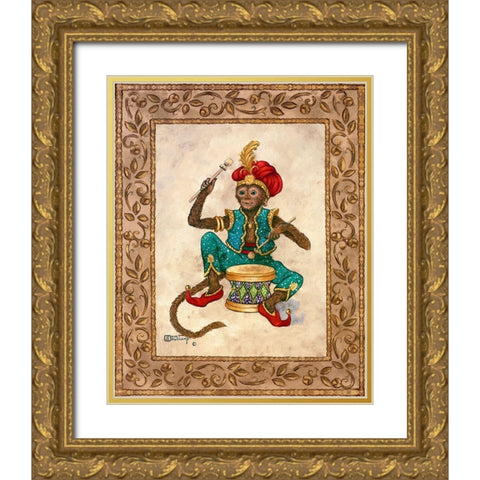 Monkey with Drum Gold Ornate Wood Framed Art Print with Double Matting by Kruskamp, Janet