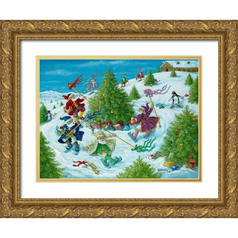Santas Elves Celebrate Gold Ornate Wood Framed Art Print with Double Matting by Kruskamp, Janet