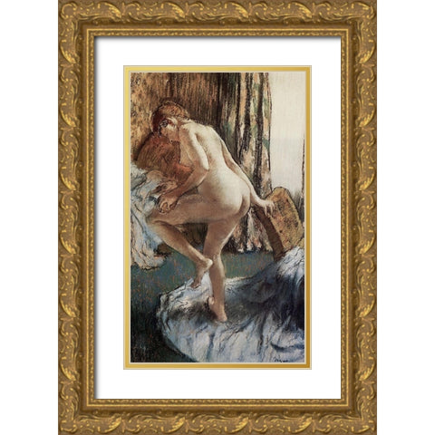 After the Bath Gold Ornate Wood Framed Art Print with Double Matting by Degas, Edgar