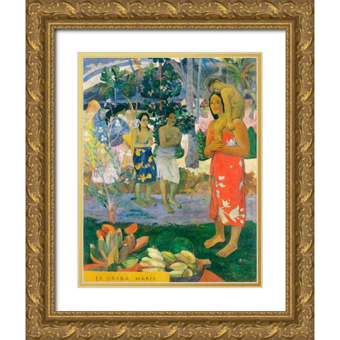 Hail Mary Gold Ornate Wood Framed Art Print with Double Matting by Gauguin, Paul