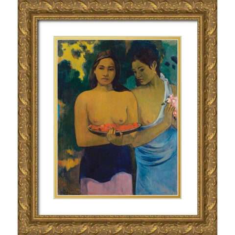 Two Tahitian Women Gold Ornate Wood Framed Art Print with Double Matting by Gauguin, Paul