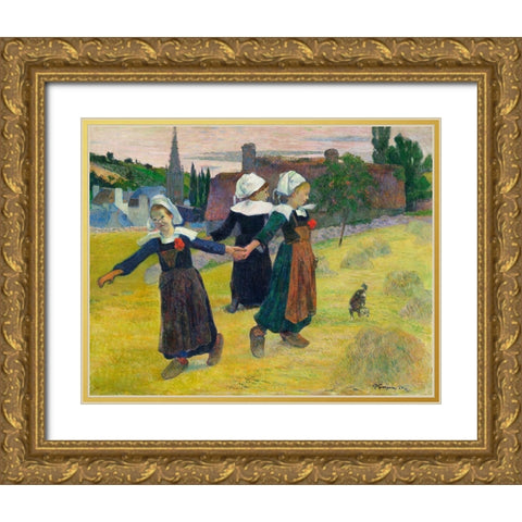 Breton Girls Dancing, Pont-Aven Gold Ornate Wood Framed Art Print with Double Matting by Gauguin, Paul