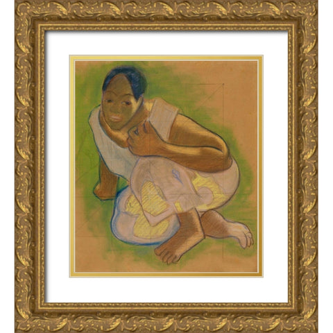 Crouching Tahitian Woman Gold Ornate Wood Framed Art Print with Double Matting by Gauguin, Paul