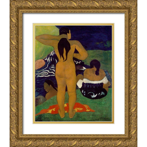 Tahitian Women Bathing Gold Ornate Wood Framed Art Print with Double Matting by Gauguin, Paul