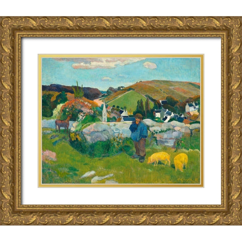 The Swineherd Gold Ornate Wood Framed Art Print with Double Matting by Gauguin, Paul