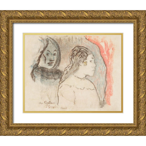 Study of Tahitian Heads Gold Ornate Wood Framed Art Print with Double Matting by Gauguin, Paul