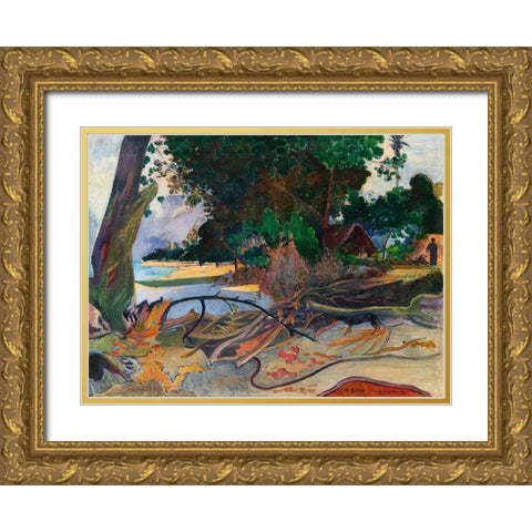 The Hibiscus Tree Gold Ornate Wood Framed Art Print with Double Matting by Gauguin, Paul