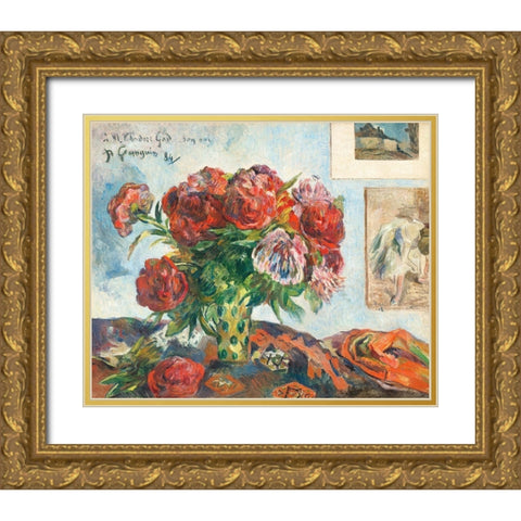 Still Life with Peonies Gold Ornate Wood Framed Art Print with Double Matting by Gauguin, Paul